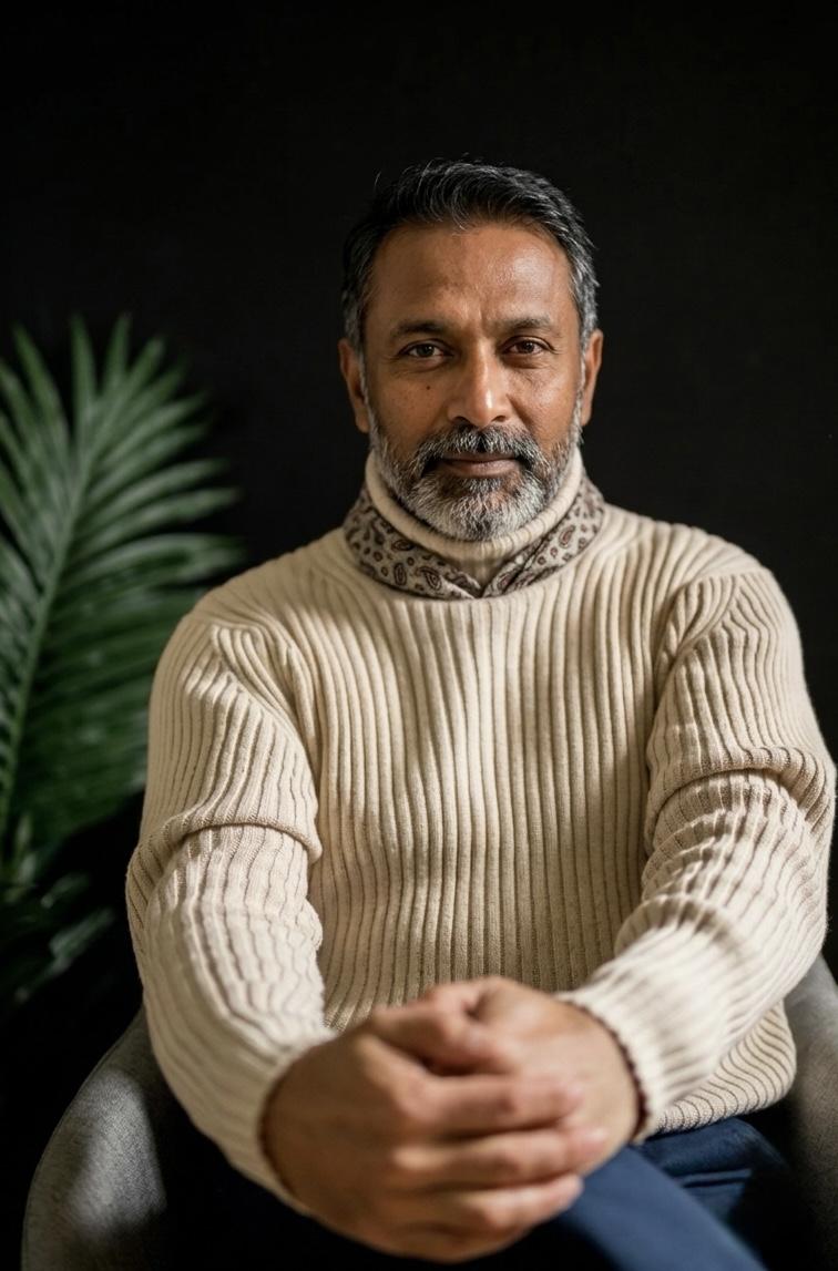A distinguished Indian man in his fifties in a cream turtleneck