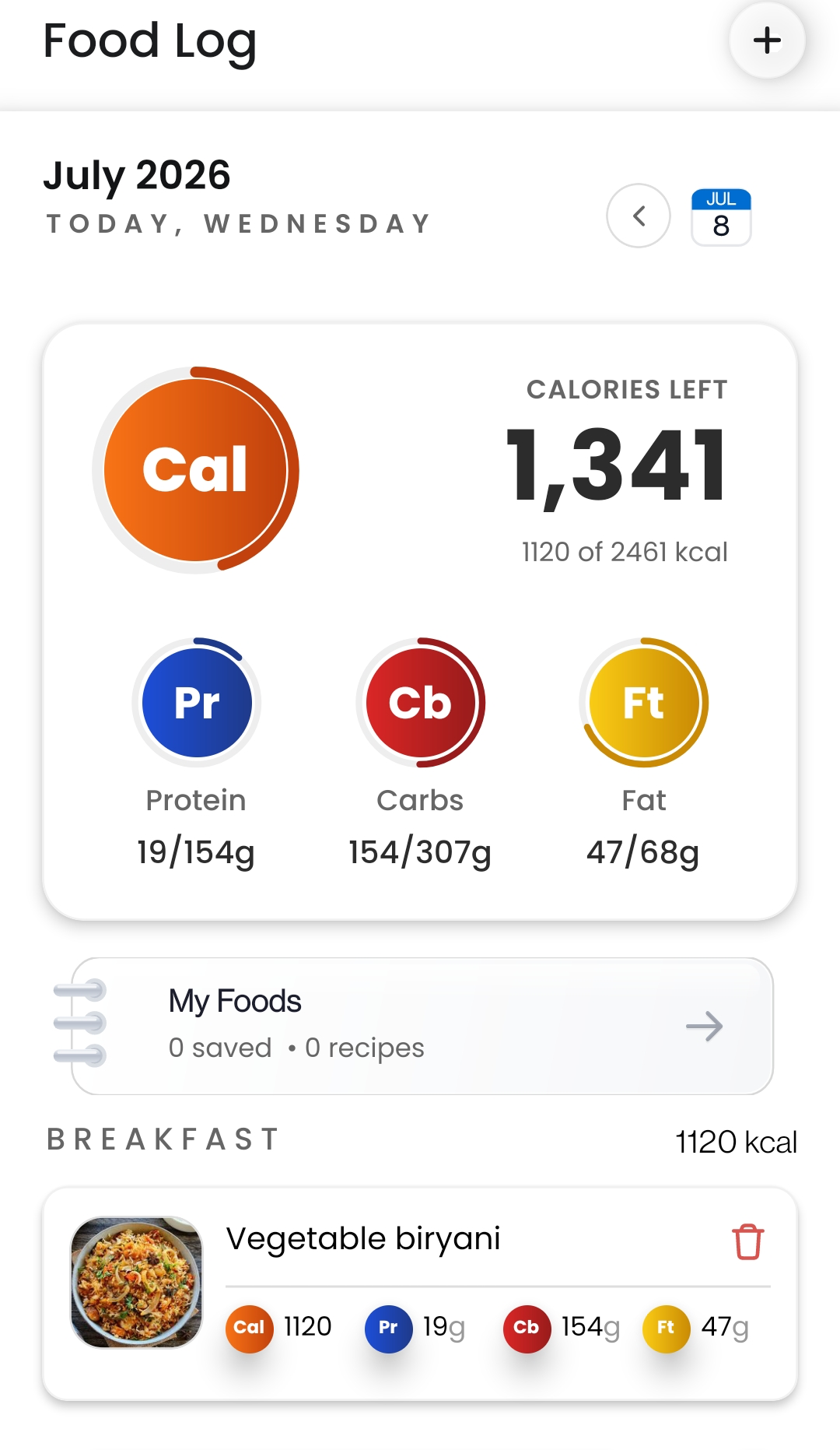 ScoopWell Food Log: calories left, macros, and today's meals